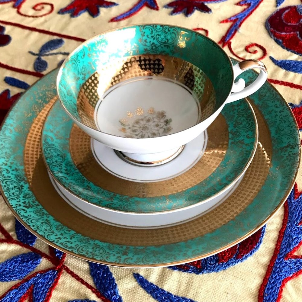 Vintage German Turquoise Blue Teacup w/ matching saucer + plate